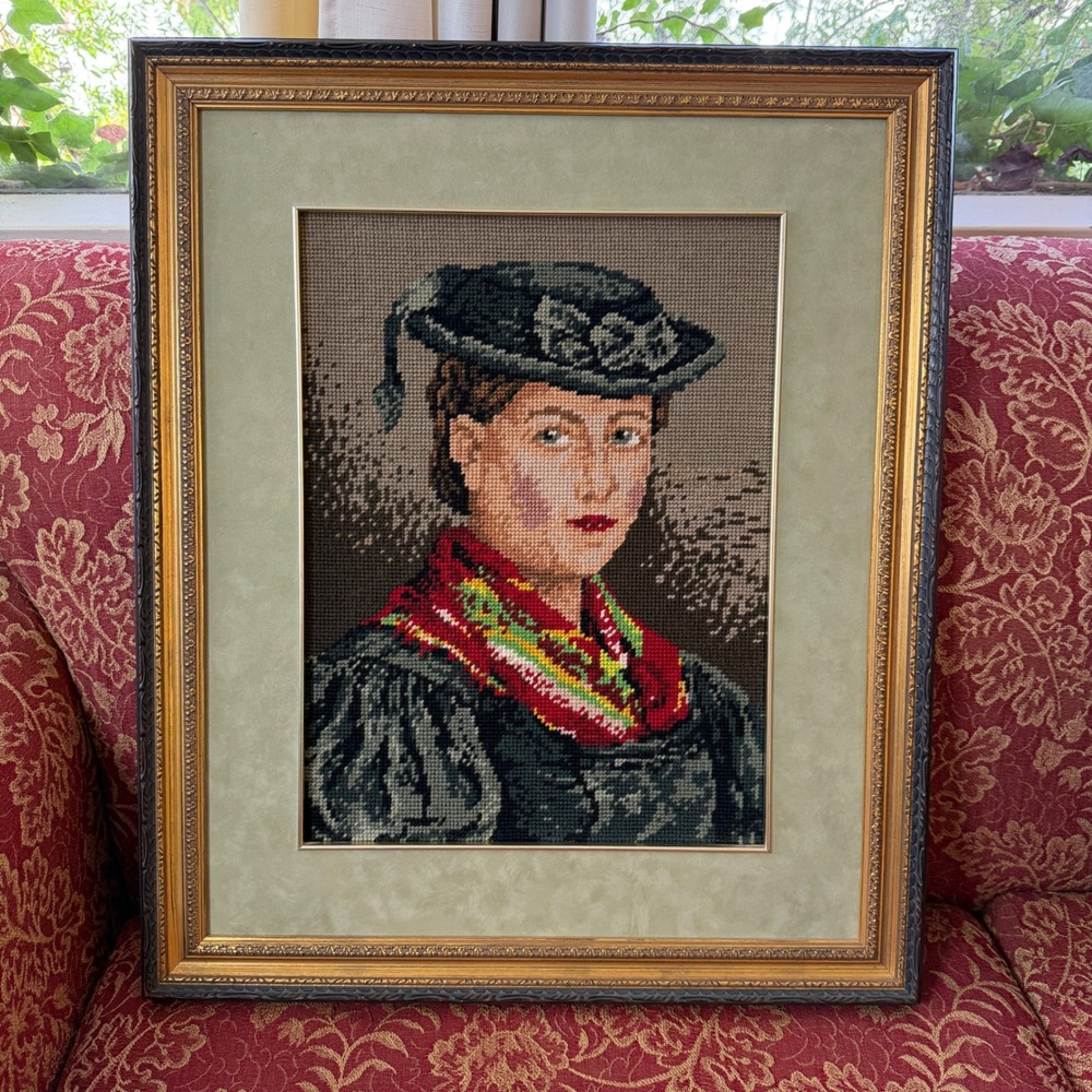 Handmade Framed Cross-stitch Portrait Victorian Lady Gold Frame Green Mat Large